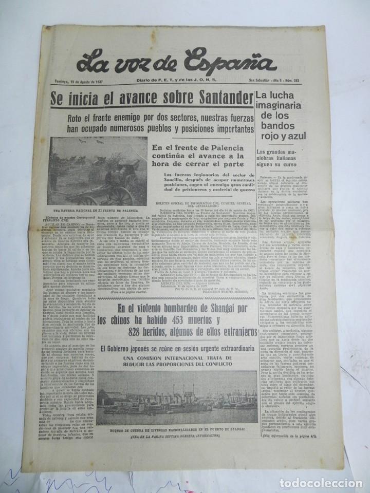 Militaria: LA VOZ DE ESPA&Ntilde;A, DIARIO F.E.T. Y DE LAS JONS, 15 DE AGOSTO DE 1937, GUERRA CIVIL, N. 283, SE INICIA