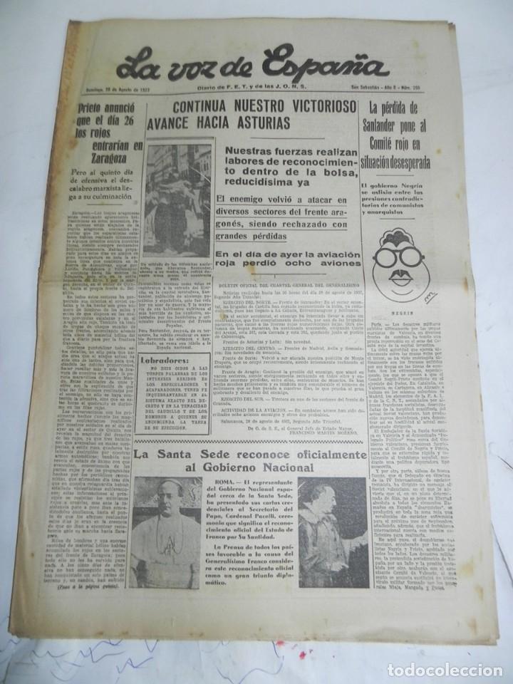 Militaria: LA VOZ DE ESPA&Ntilde;A, DIARIO F.E.T. Y DE LAS JONS, 29 DE AGOSTO DE 1937, GUERRA CIVIL, N. 295, CONTINUA