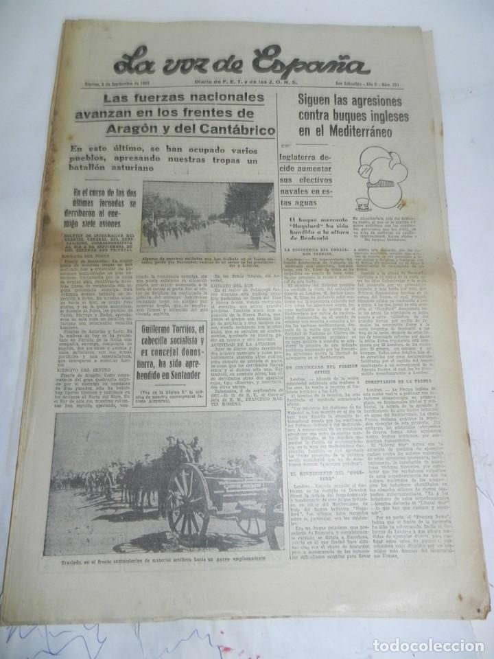 Militaria: LA VOZ DE ESPA&Ntilde;A, DIARIO F.E.T. Y DE LAS JONS, 3 DE SEPTIEMBRE DE 1937, GUERRA CIVIL, N. 299, COMO F
