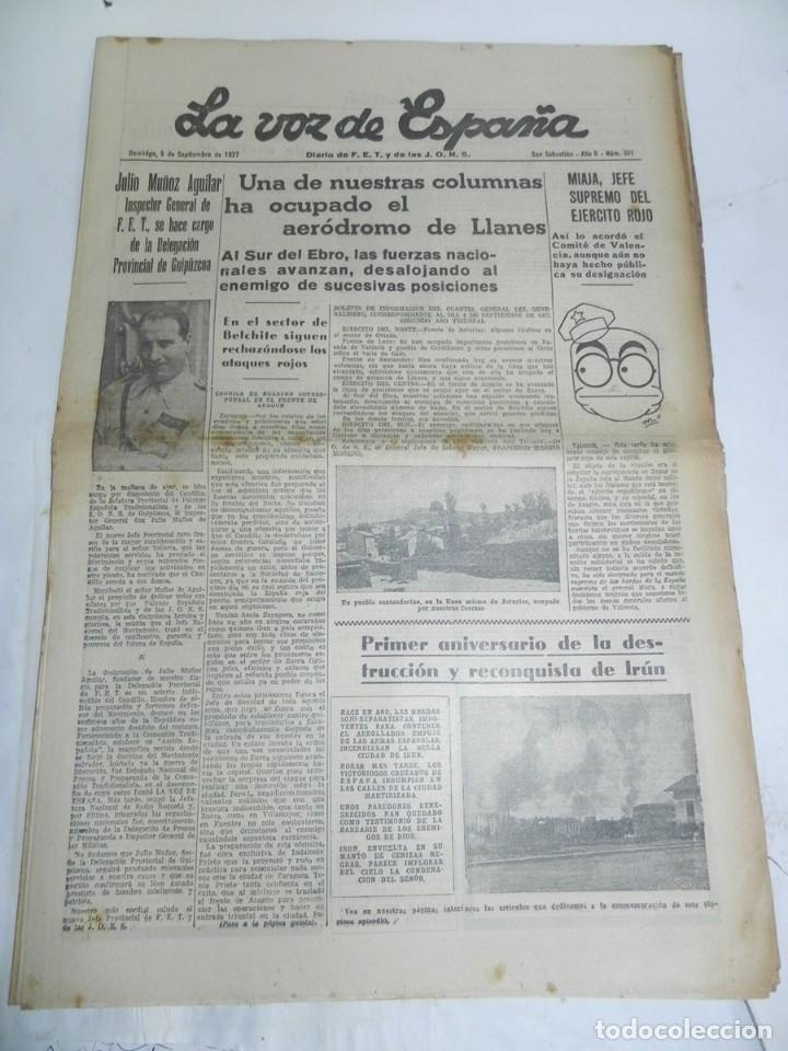 Militaria: LA VOZ DE ESPA&Ntilde;A, DIARIO F.E.T. Y DE LAS JONS, 5 DE SEPTIEMBRE DE 1937, GUERRA CIVIL, N. 301, UNA DE
