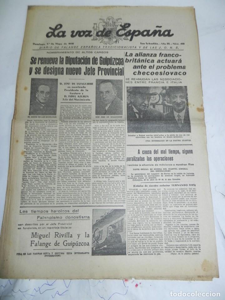 Militaria: LA VOZ DE ESPA&Ntilde;A, DIARIO F.E.T. Y DE LAS JONS, 1 DE MAYO DE 1938, GUERRA CIVIL, N. 498, MIGUEL RIVIL