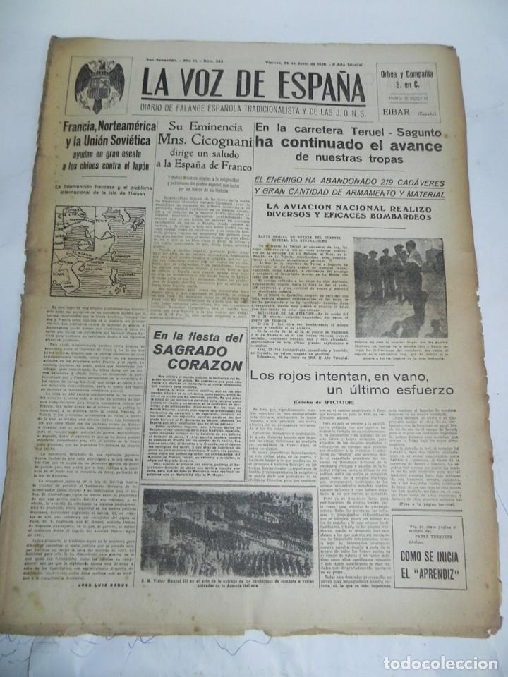 Militaria: LA VOZ DE ESPA&Ntilde;A, DIARIO F.E.T. Y DE LAS JONS, 24 DE JUNIO DE 1938, GUERRA CIVIL, N. 543, EL ENEMIGO