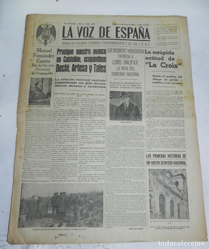 Militaria: LA VOZ DE ESPA&Ntilde;A, DIARIO F.E.T. Y DE LAS JONS, 2 DE JULIO DE 1938, GUERRA CIVIL, N. 550, PROSIGUE NU