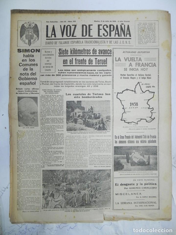 Militaria: LA VOZ DE ESPA&Ntilde;A, DIARIO F.E.T. Y DE LAS JONS, 5 DE JULIO DE 1938, GUERRA CIVIL, N. 552, SIETE KILOM