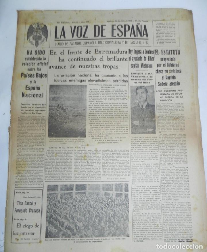 Militaria: LA VOZ DE ESPA&Ntilde;A, DIARIO F.E.T. Y DE LAS JONS, 29 DE JULIO DE 1938, GUERRA CIVIL, N. 573, EN EL FREN