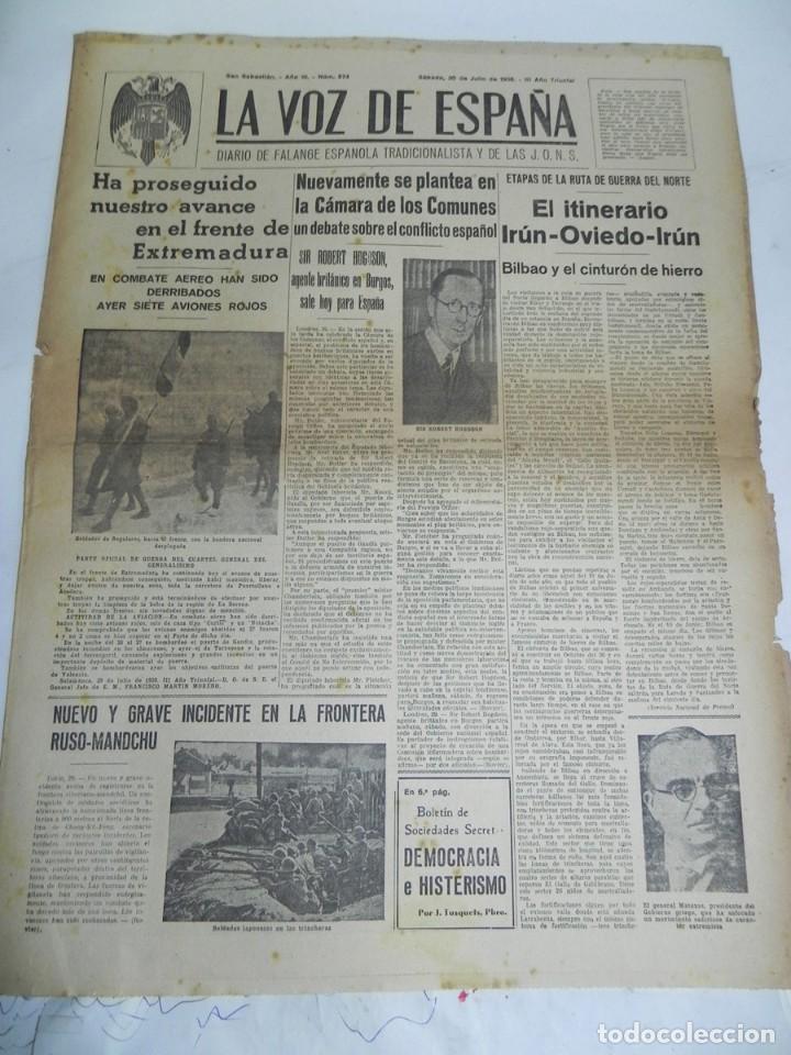Militaria: LA VOZ DE ESPA&Ntilde;A, DIARIO F.E.T. Y DE LAS JONS, 30 DE JULIO DE 1938, GUERRA CIVIL, N. 574, EN COMBATE