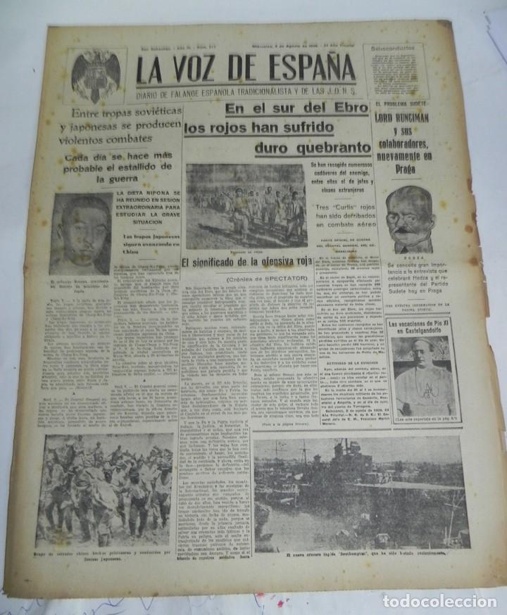 Militaria: LA VOZ DE ESPA&Ntilde;A, DIARIO F.E.T. Y DE LAS JONS, 3 DE AGOSTO DE 1938, GUERRA CIVIL, N. 577, EN EL SUR
