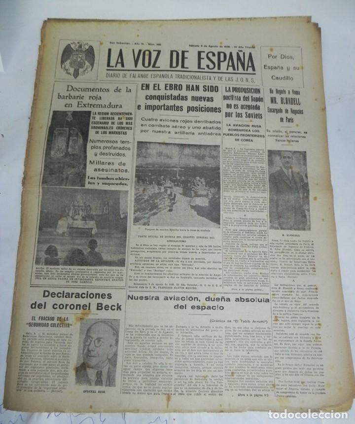 Militaria: LA VOZ DE ESPA&Ntilde;A, DIARIO F.E.T. Y DE LAS JONS, 6 DE AGOSTO DE 1938, GUERRA CIVIL, N. 580, EN EL EBRO