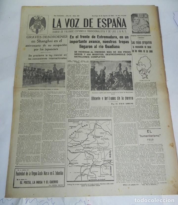 Militaria: LA VOZ DE ESPA&Ntilde;A, DIARIO F.E.T. Y DE LAS JONS, 14 DE AGOSTO DE 1938, GUERRA CIVIL, N. 587, EN EL FRE