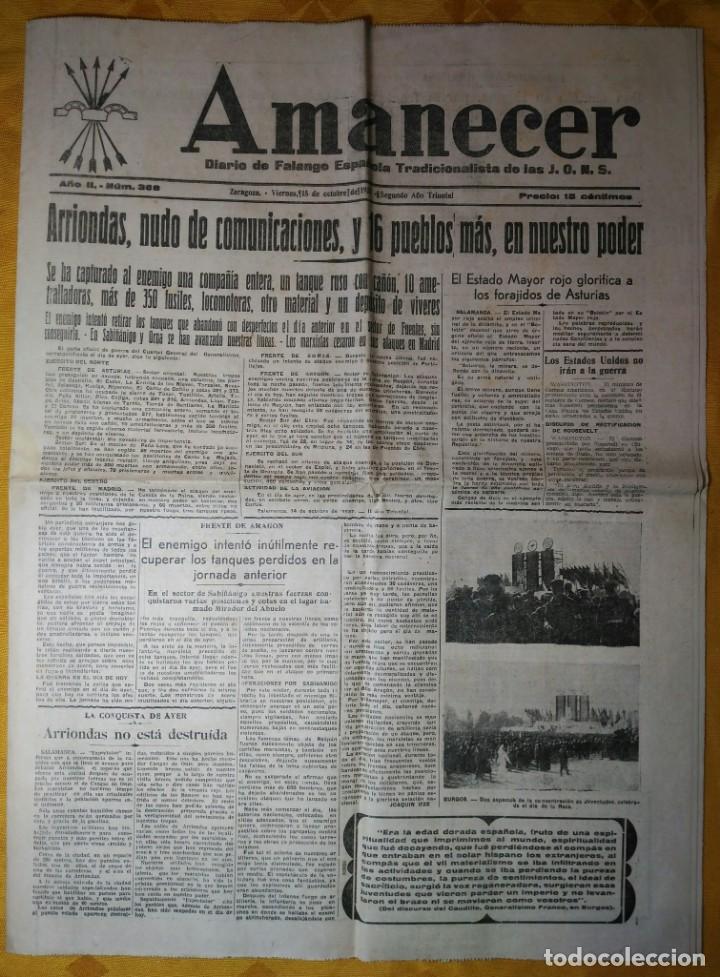 Militaria: Peri&oacute;dico - Amanecer - Zaragoza A&ntilde;o II. N&deg; 368 15.10.1937. Guerra Civil. Toma de Arrionda 16 pueblos