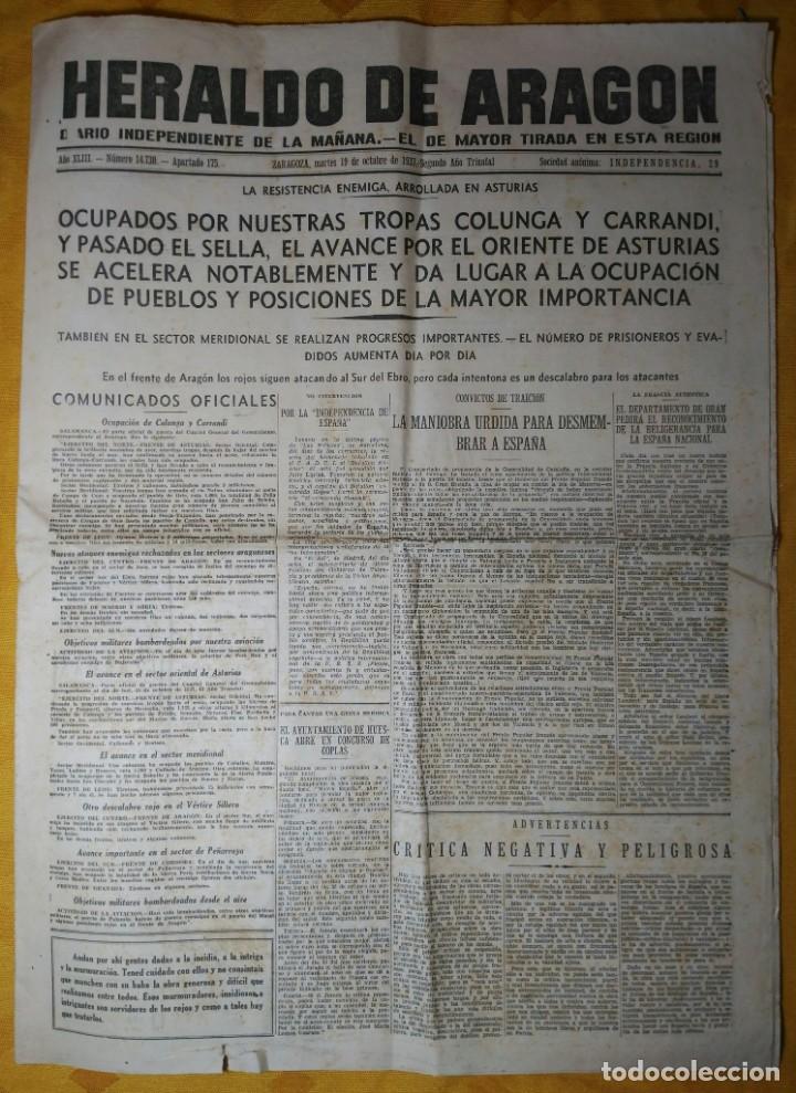 Military Antiques: Peri&oacute;dico - Heraldo de Arag&oacute;n - Zaragoza 19.10.1937. Guerra Civil. Ocupaci&oacute;n de Colunga y Carrandi.