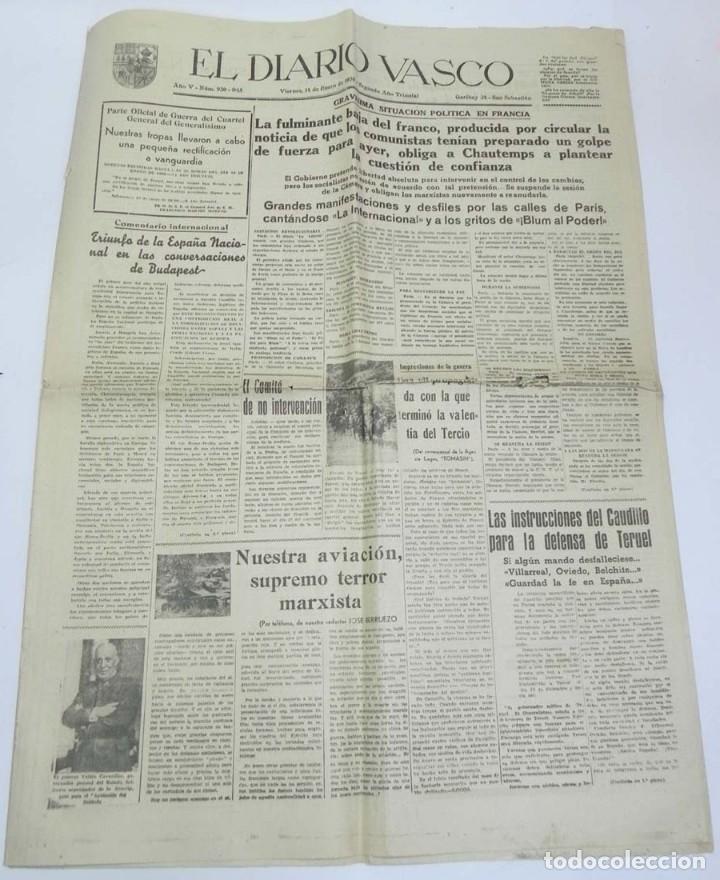 Militaria: EL DIARIO VASCO 14  DE ENERO 1938 / NUM. 930, GUERRA CIVIL, TRIUNFO DE LA ESPA&Ntilde;A NACIONAL EN LAS CON