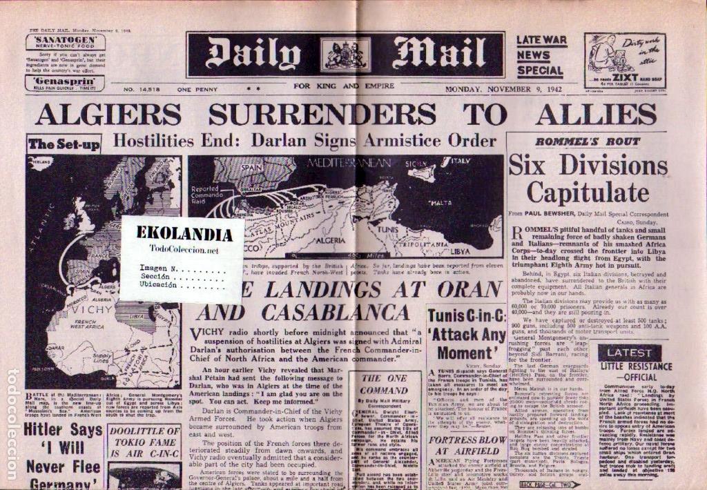 Militaria: 16 L04 PERIODICO DAILY MAIL FACSMIL EKL 09/11/1942 ~ 2&ordf; GUERRA MUNDIAL EKL V3