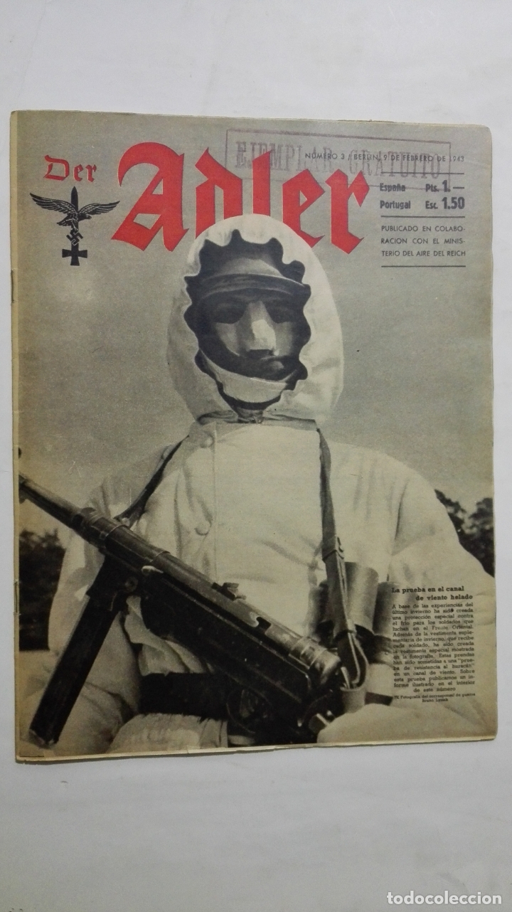 Militaria: PERIODICO DER ADLER, N&ordm; 3, BERLIN 9 DE FEBRERO DE 1943, PORTADA LA PRUEBA EN EL CANAL DE VIENTO HELA