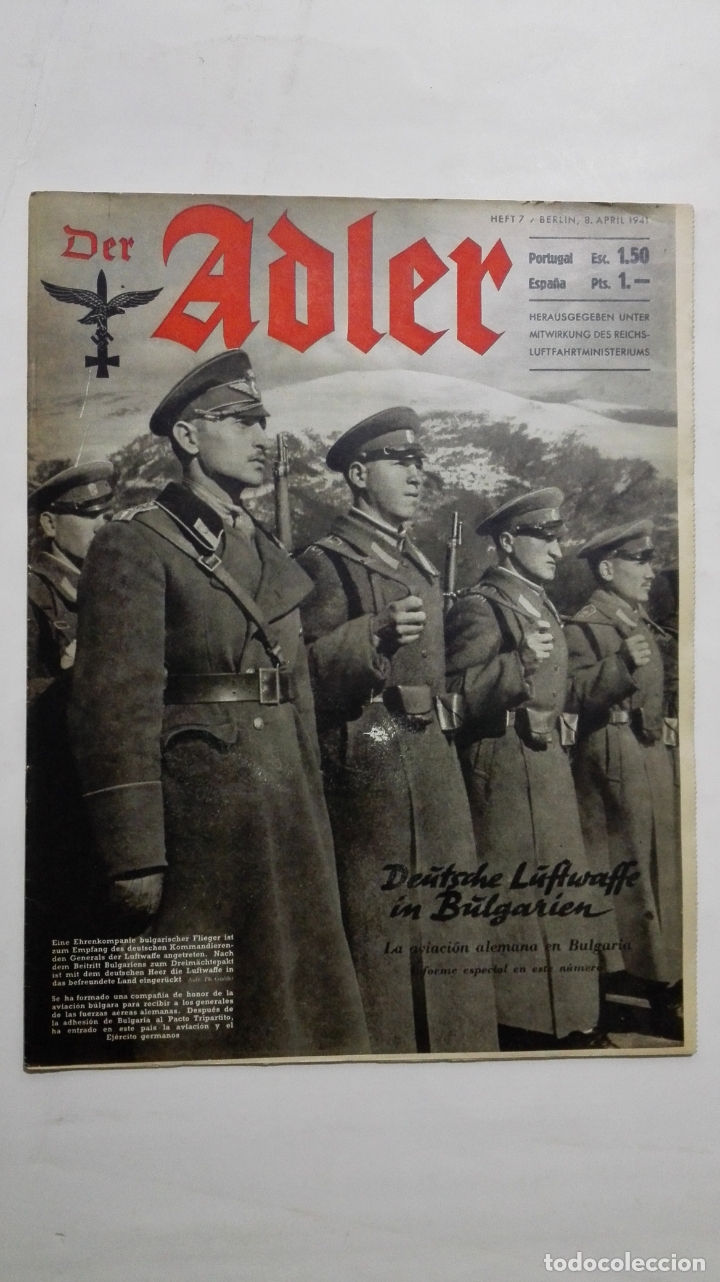 Militaria: PERIODICO DER ADLER, N&ordm; 7, BERLIN 8 DE ABRIL DE 1941, PORTADA LA AVIACION ALEMANA EN BULGARIA