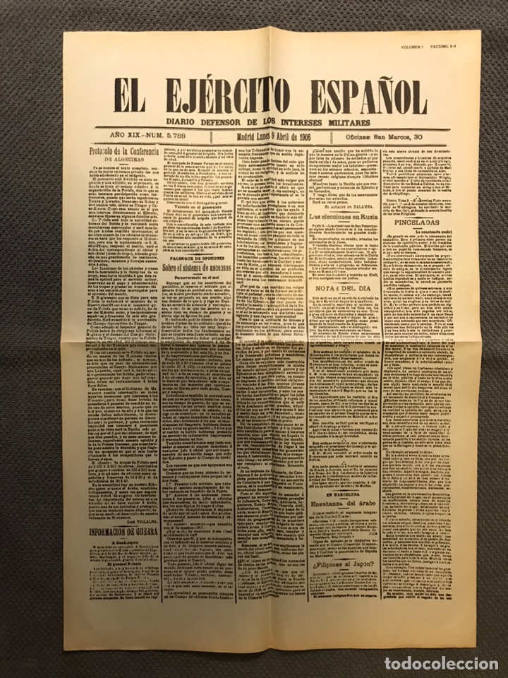Militaria: MILITAR. PERI&Oacute;DICO. El Ej&eacute;rcito Espa&ntilde;ol, 1. FACS&Iacute;MIL 9-4 Madrid. Lunes,9 de Abril de 1906