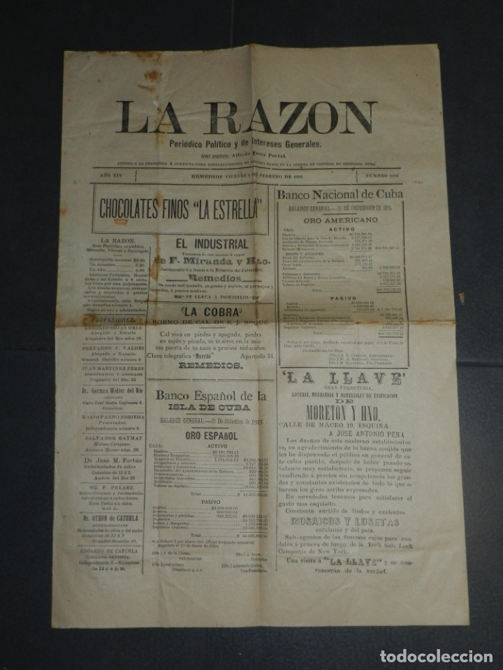 Militaria: (M65) La Razon ( Cuba ) A&ntilde;o XIV 1916 Num. 1908, Guerra de Cuba, Capitan Arturo Diaz Gonzalez