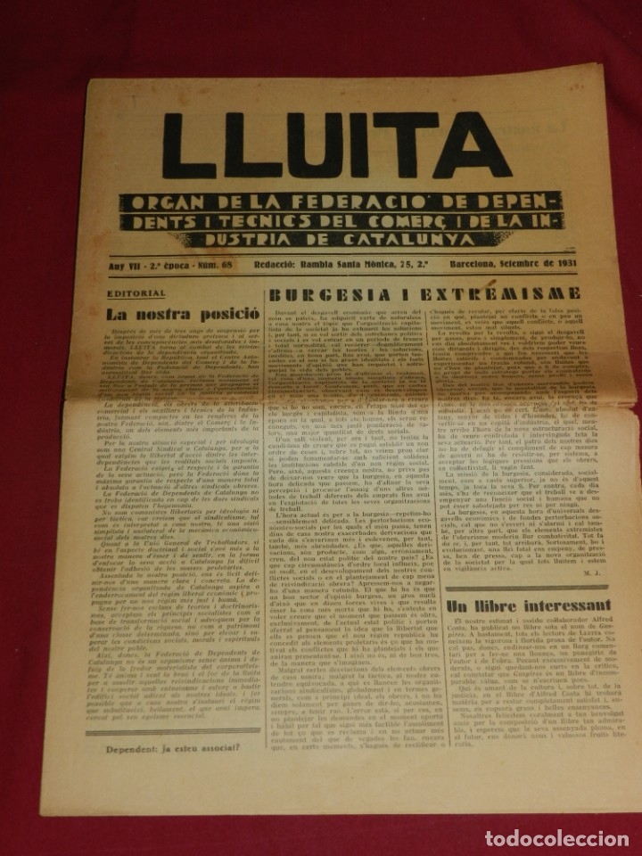 Militaria: (M65) Republica - Lluita Organ Federacio Depedents i Tecnics Industria Catalunya setembre 1931 n.68