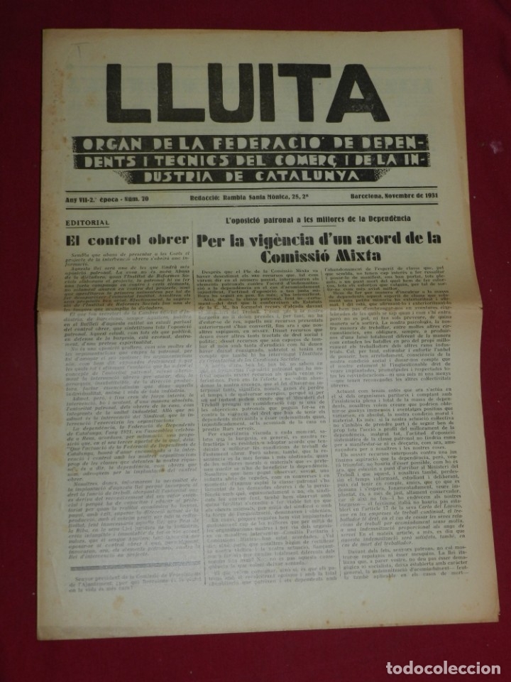 Militaria: (M65) Republica - Lluita Organ Federacio Depedents i Tecnics Industria Catalunya setembre 1931 n.70