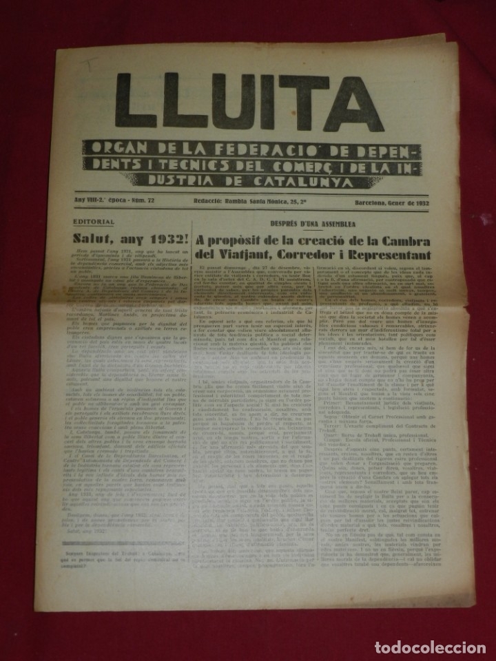 Militaria: (M65) Republica - Lluita Organ Federacio Depedents i Tecnics Industria Catalunya setembre 1932 n.72