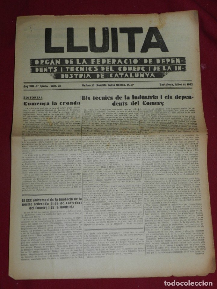 Militaria: (M65) Republica - Lluita Organ Federacio Depedents i Tecnics Industria Catalunya setembre 1932 n.78