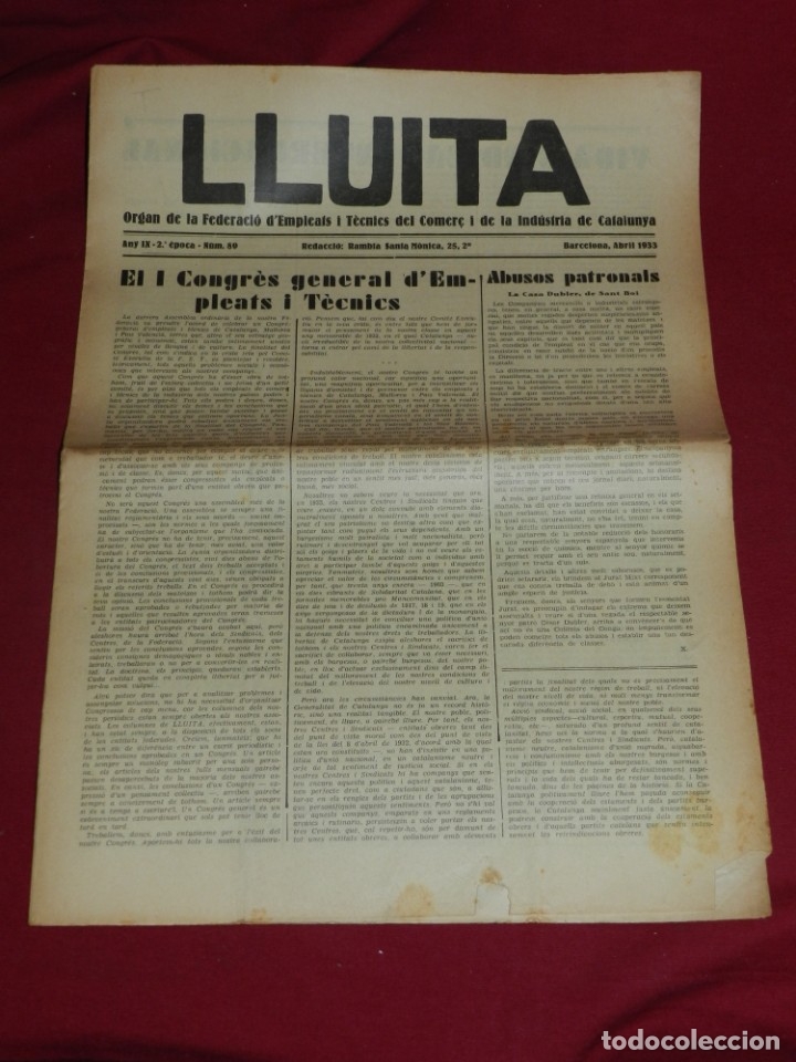 Militaria: (M65) Republica - Lluita Organ Federacio Depedents i Tecnics Industria Catalunya setembre 1933 n.89