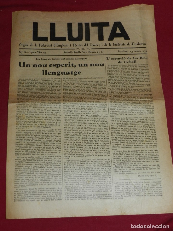 Militaria: (M65) Republica - Lluita Organ Federacio Depedents i Tecnics Industria Catalunya setembre 1933 n.95