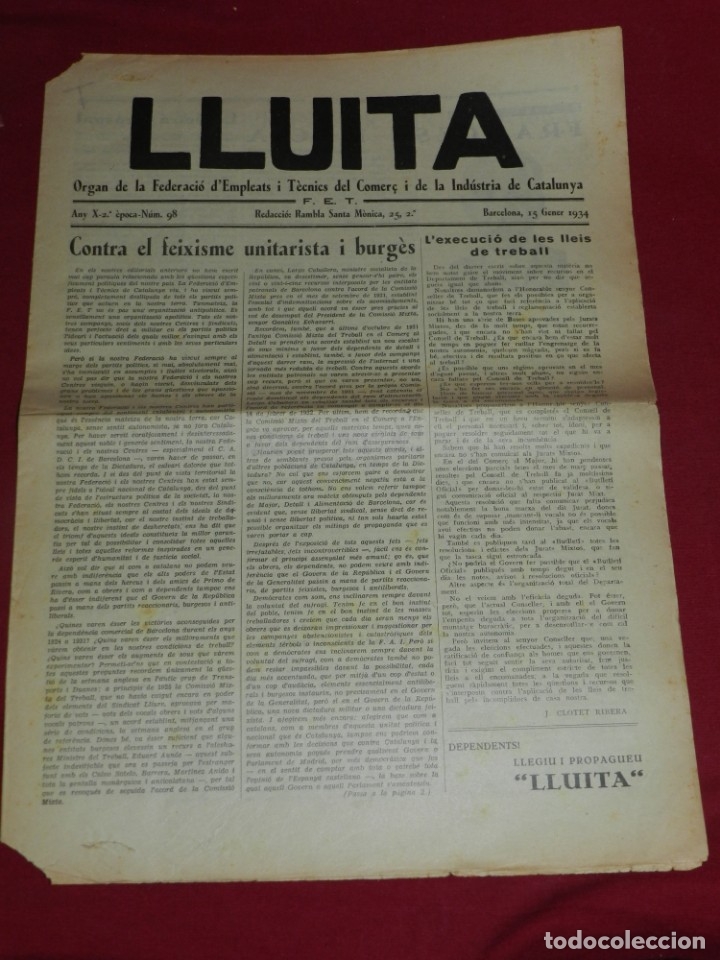 Militaria: (M65) Republica - Lluita Organ Federacio Depedents i Tecnics Industria Catalunya setembre 1934 n.98