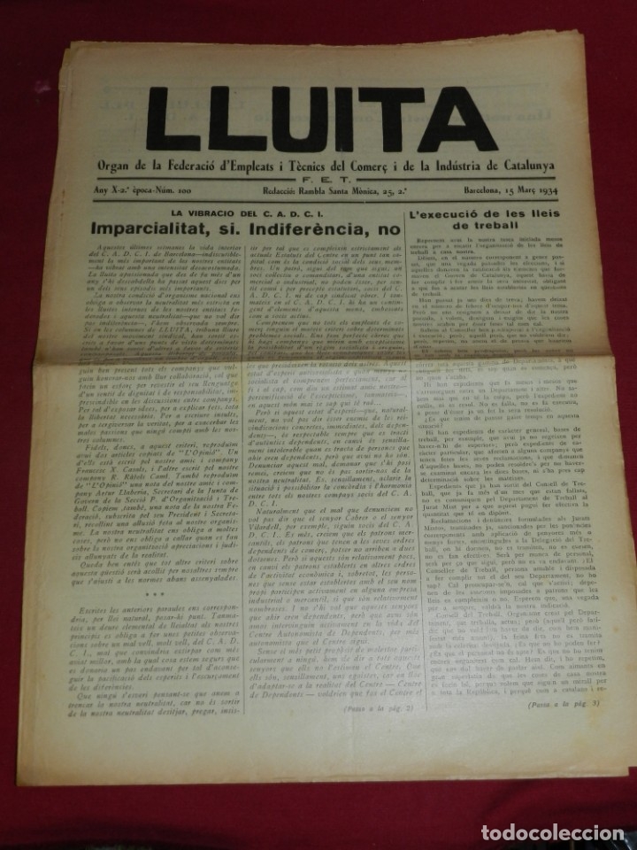 Militaria: (M65) Republica - Lluita Organ Federacio Depedents i Tecnics Industria Catalunya setembre 1934 n.100