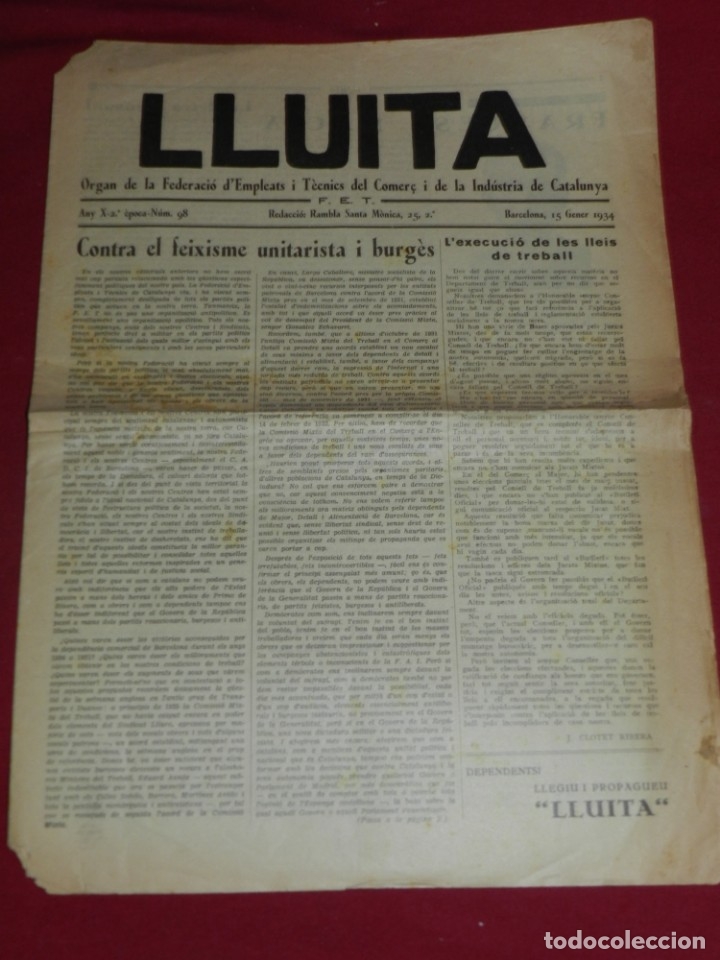 Militaria: (M65) Republica - Lluita Organ Federacio Depedents i Tecnics Industria Catalunya setembre 1934 n.98