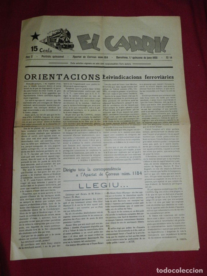 Militaria: (M) EL CARRIL ANY II N&ordm;14 BARCELONA JUNY 1932.PERIODIC DE TEMES POLITICS I CARRILAIRES FERROVIARIO