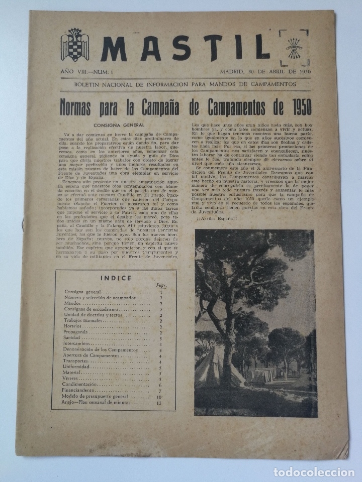 Militaria: ANTIGUA REVISTA MASTIL - BOLETIN MANDOS CAMPAMENTOS JUEVENTUDES FALANGE - 1950 - NORMAS VIVERES, SAN
