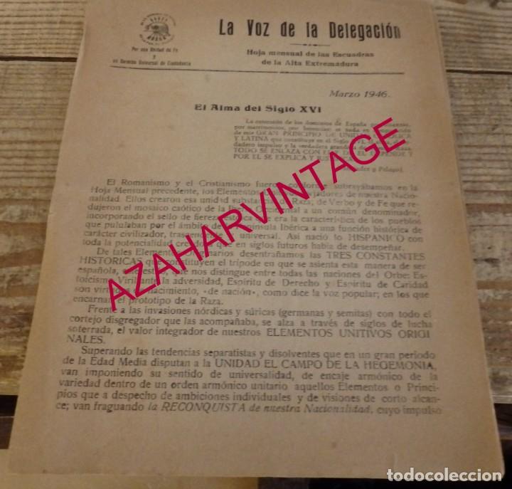 Militaria: FALANGE, MARZO 1946, LA VOZ DE LA DELEGACION, HOJA ESCUADRAS DE LA ALTA EXTREMADURA,5 PAGINAS
