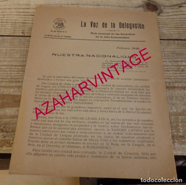 Military Antiques: FALANGE, FEBRERO 1946, LA VOZ DE LA DELEGACION, HOJA ESCUADRAS DE LA ALTA EXTREMADURA,5 PAGINAS