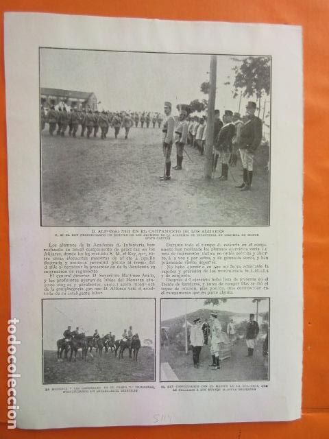 Militaria: RECORTE 1914 - ALFONSO XIII EN CAMPAMENTO DE ALIJARES ACADEMIA DE INFANTERIA