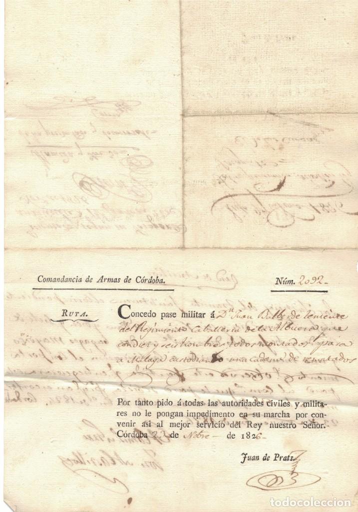 Militaria: A&ntilde;o 1826. Pase militar. Regimiento Albuera. C&oacute;rdoba. Juan de Prats