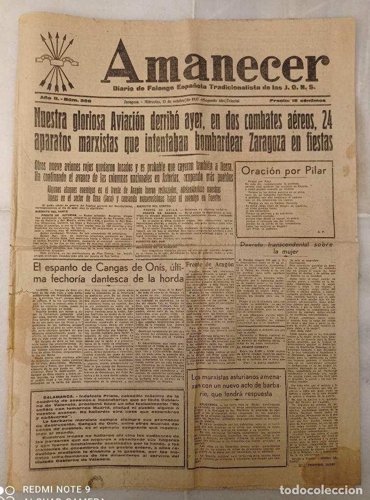 Militaria: Peri&oacute;dico - Amanecer. Zaragoza 13.10.1937 - Espanto en Cangas de On&iacute;s - Guerra Civil