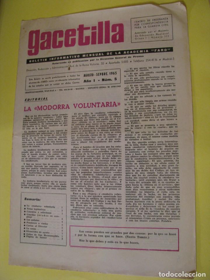 Militaria: GACETILLA. BOLET&Iacute;N INFORMATIVO DE LA ACADEMIA FARO. GUARDIA CIVIL. A&Ntilde;O 1. NUM. 5. AGOSTO-SEPT. 1965.