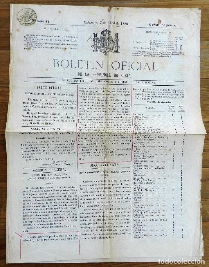 Military Antiques: BOLET&Iacute;N OFICIAL DE LA PROVINCIA DE SORIA, 7 DE ABRIL DE 1880, N.42, TIENE 4 PAG. MIDE 39 X 29,5 CMS.