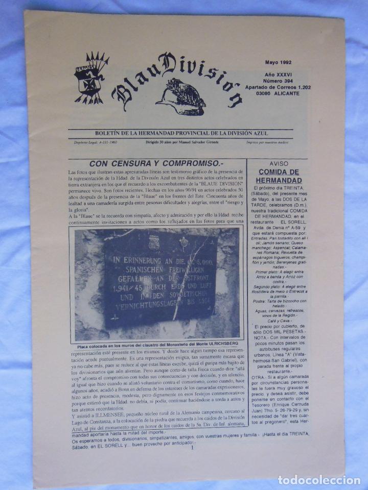 Militaria: BLAU DIVISI&Oacute;N. Bolet&iacute;n de la Hermandad de la Divisi&oacute;n Azul de Alicante. Mayo 1992, N&uacute;m 394