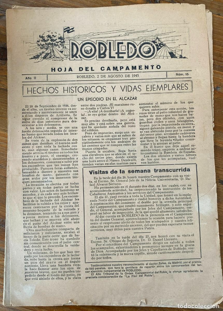 Military Antiques: Peri&oacute;dico militar Hoja del campamento El Robledo, Madrid 1945, n&ordm; 15, Milicias Universitarias. Tiene