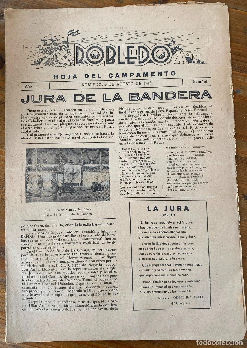 Military Antiques: Peri&oacute;dico militar Hoja del campamento El Robledo, Madrid 1945, n&ordm; 16, Milicias Universitarias. Tiene