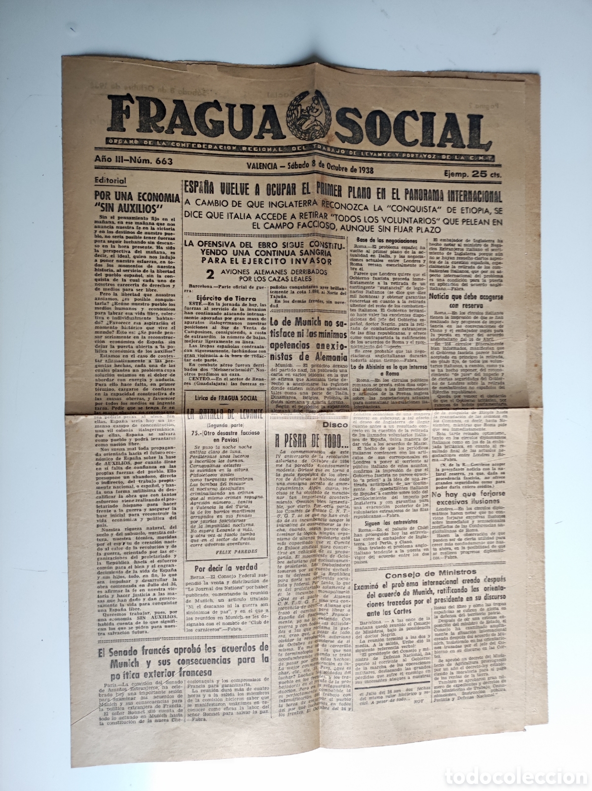 Militaria: Periodico C.N.T a&ntilde;os 30 fragua social a&ntilde;o III numero 663 Valencia 8 Octubre 1938