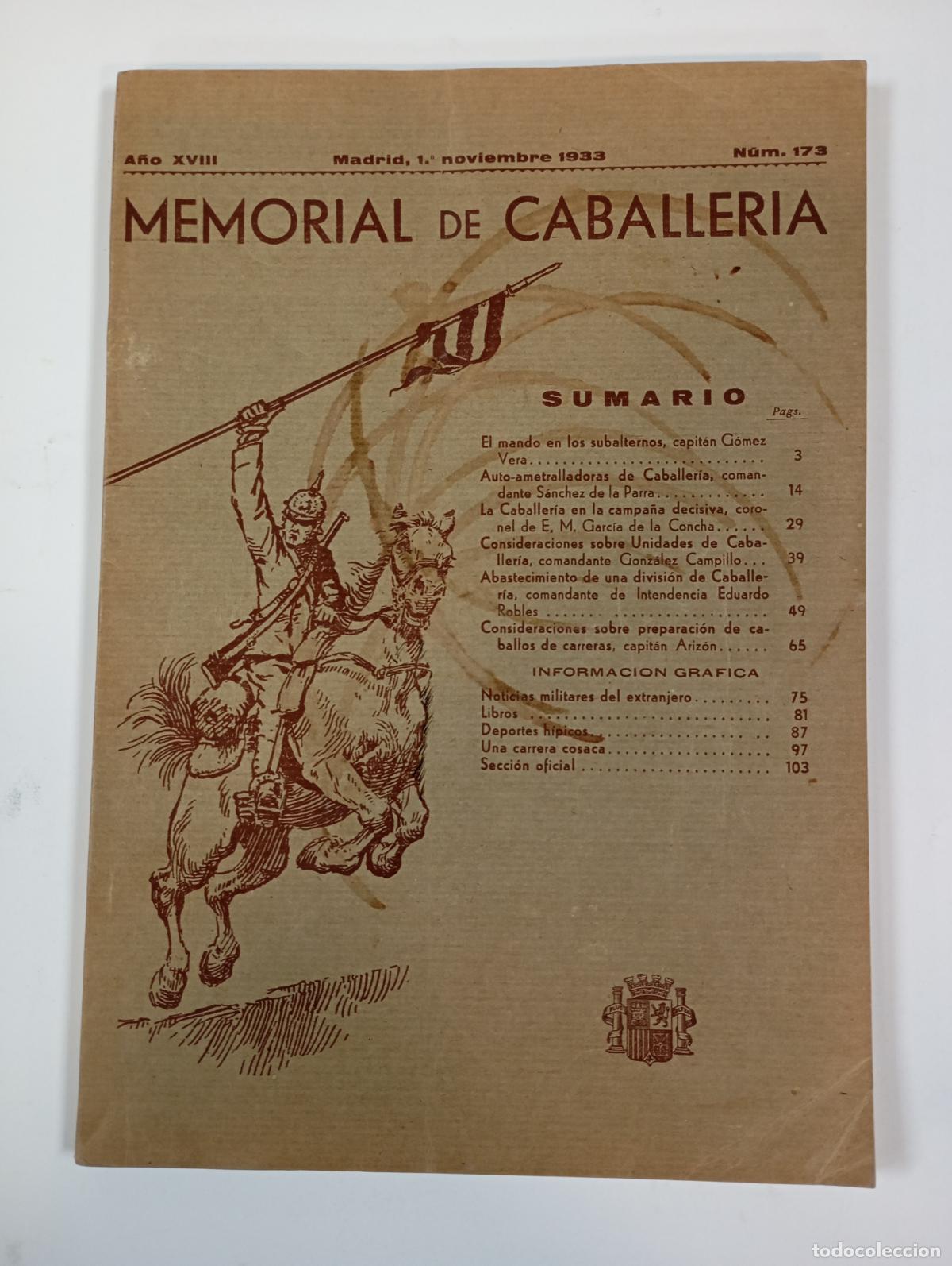 Militaria: MEMORIAL DE CABALLER&Iacute;A. N&ordm; 173. 1 NOVIEMBRE 1933. A&Ntilde;O XVIII. TDKR59
