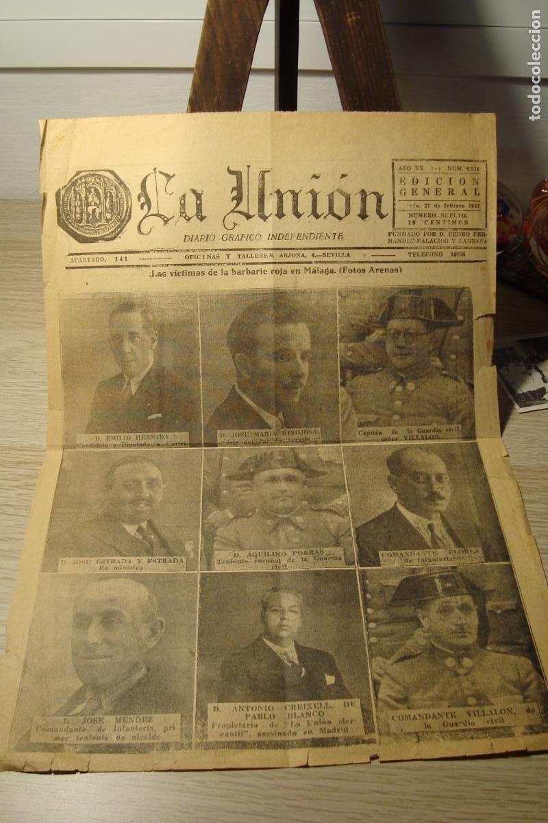Militaria: ANTIGUA PORTADA DIARIO LA UNION SEVILLA 1937. VICTIMAS GUERRA CIVIL MALAGA. GUARDIA CIVIL