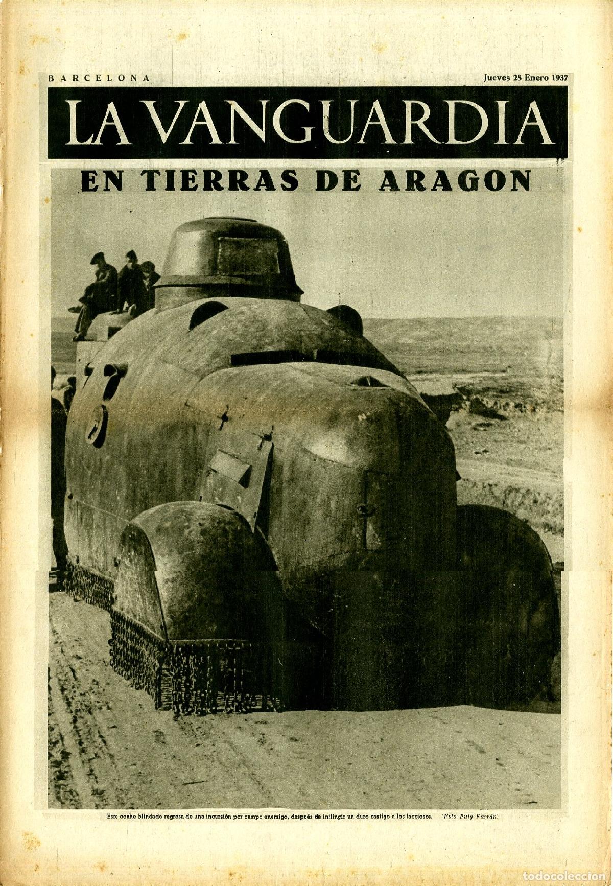 Militaria: La Vanguardia / Notas Gr&aacute;ficas / Barcelona, Jueves 28 de Enero de 1937 / En Tierras de Arag&oacute;n / Coch