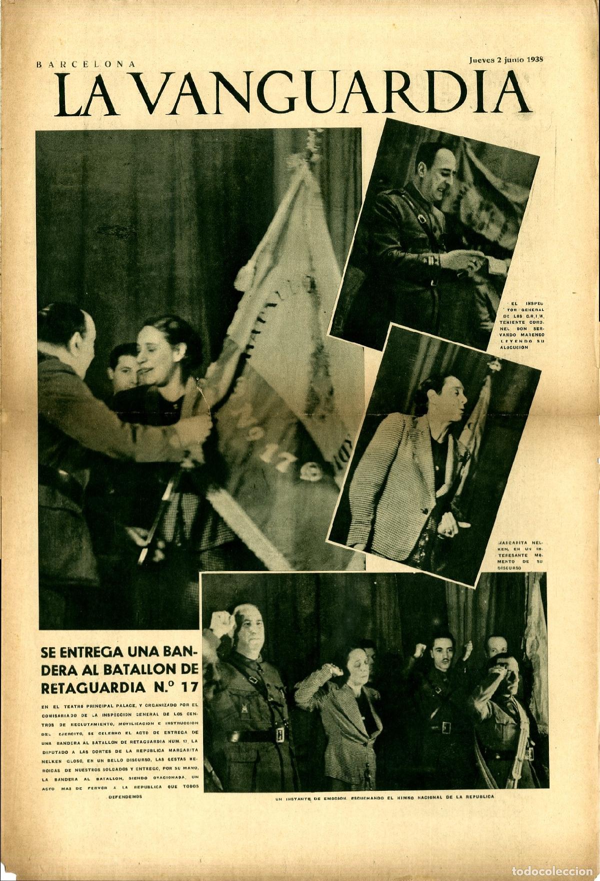 Military Antiques: La Vanguardia / Notas Gr&aacute;ficas / Barcelona, Jueves 2 de Junio de 1938 / Se Entrega Una Bandera al Ba