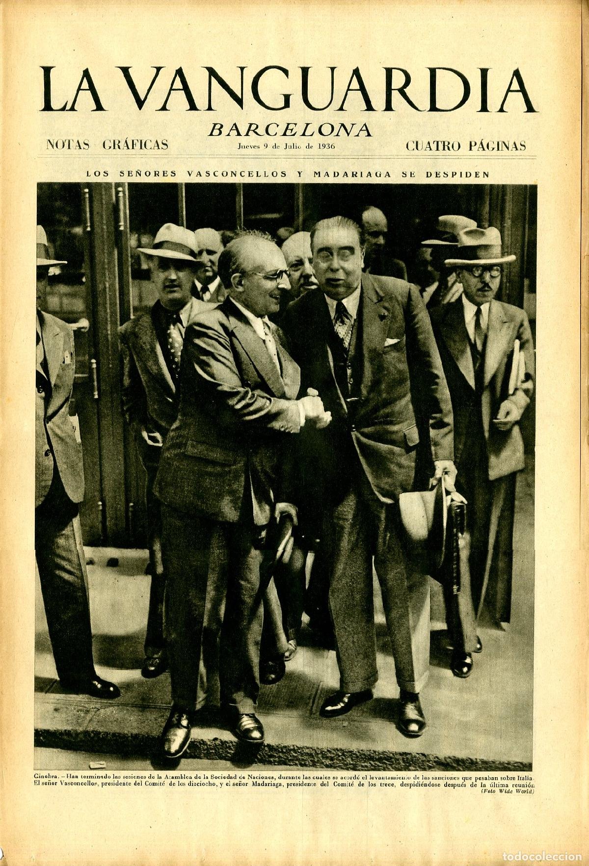 Militaria: La Vanguardia 9 /07/ 1936 / Los Se&ntilde;ores Vasconcellos y Madariaga se Despiden en Ginebra