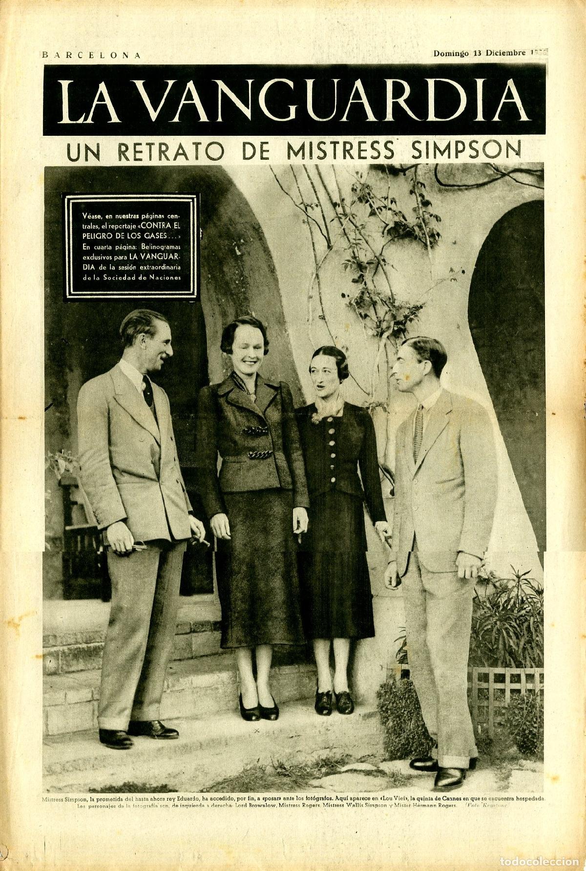 Militaria: La Vanguardia 13 /12/ 1936 / Un Retrato de Mistress Simpson, Contra el Peligro de los Gases