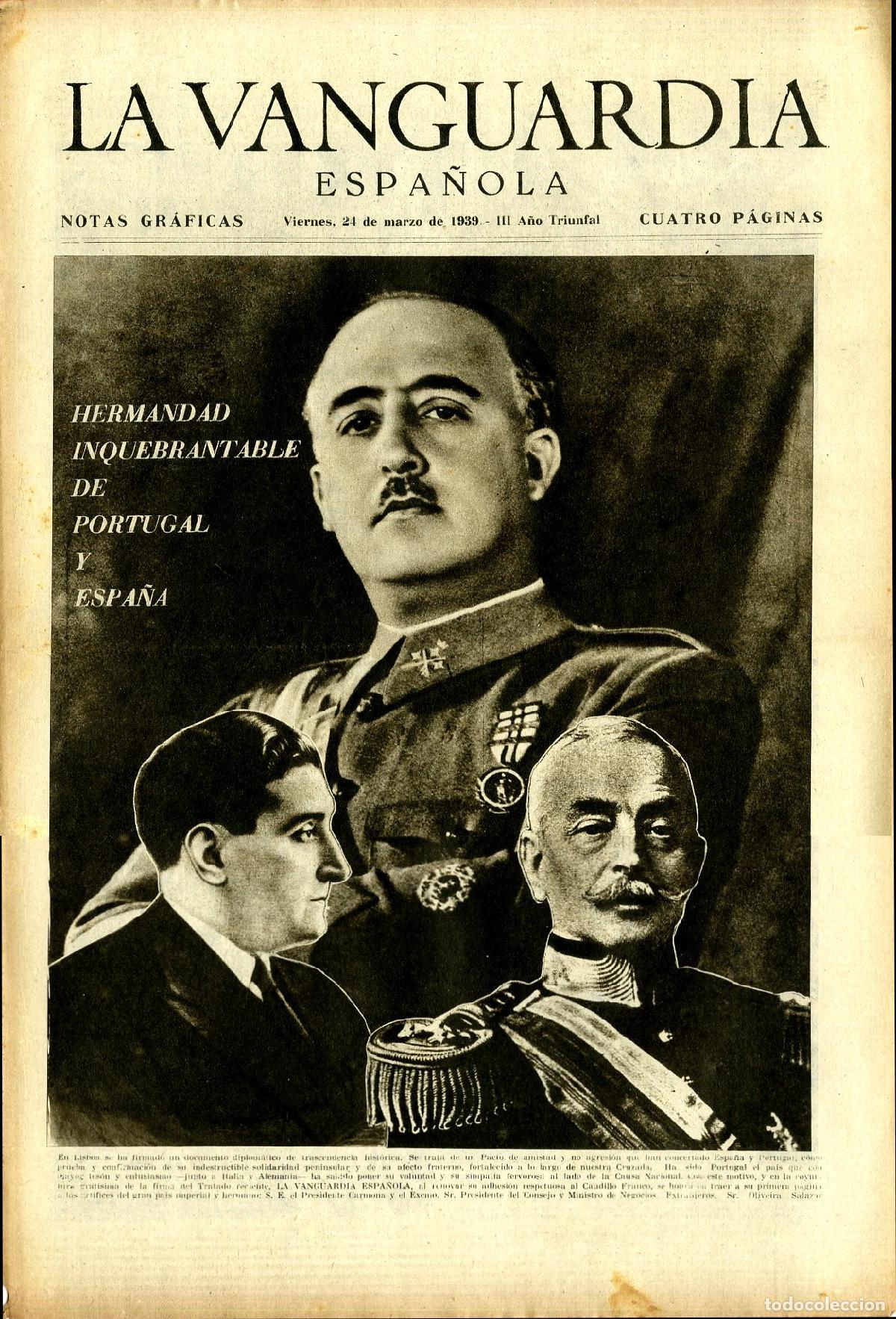 Militaria: La Vanguardia 24 /03/ 1939 - III A&ntilde;o Triunfal / Hermandad Inquebrantable de Portugal y Espa&ntilde;a